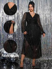 Roveilla 大码女式亮片褶皱长款派对连衣裙 - 黑色 - 查看 1