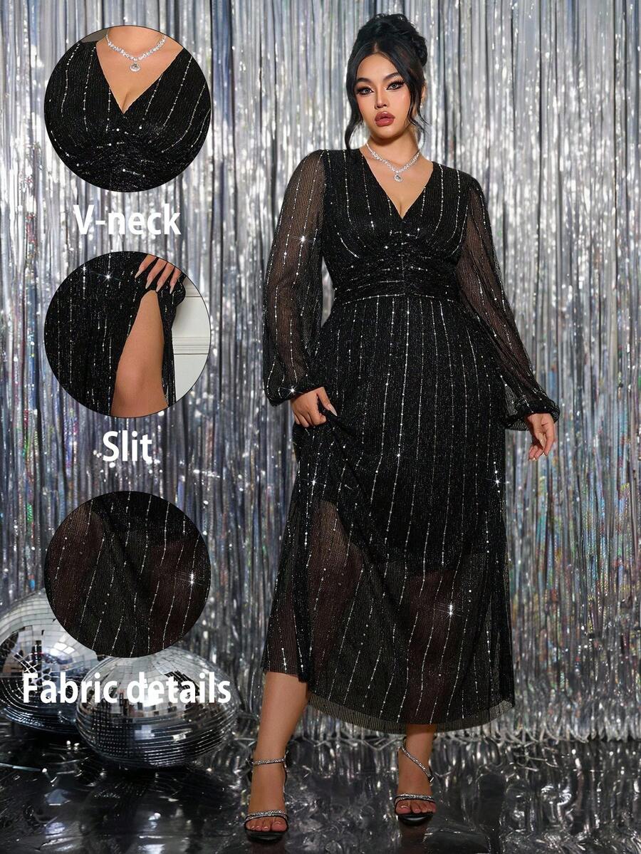 Roveilla 大码女式亮片褶皱长款派对连衣裙 - 黑色 - 查看 1