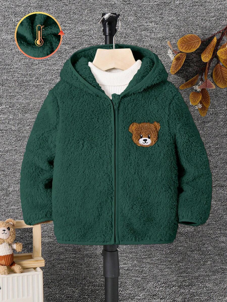 SHEIN 男童休闲时尚小熊刺绣连帽羊毛夹克 - 墨綠色 - 查看 1