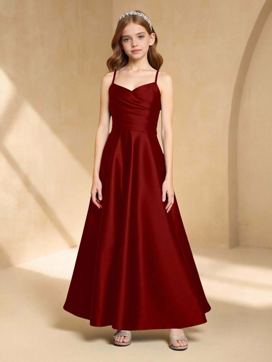 优雅藏蓝色交叉露背吊带连衣裙，适合少女穿着 - 酒紅色 - 查看 1