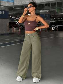 EURMUSE WOMEN LOOSE LOW WAIST WIDELEG EVERYDAY CASUAL JEAN - Khaki - View 4