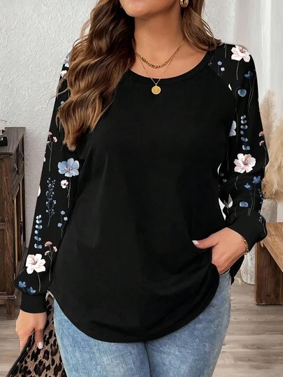 EMERY ROSE Camiseta holgada de manga raglán con estampado floral elegante y casual para mujer de talla grande, adecuada para primavera y otoño. Blusa de manga larga y linda para otoño/invierno, tops casuales de manga larga para mujer, tops casuales para mujer