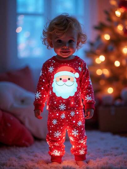 SHEIN 2 Stücke Baby/Kleinkind Jungen Weihnachtsmann Muster Langarm Bodysuit und Hose Pyjama Set, Rot