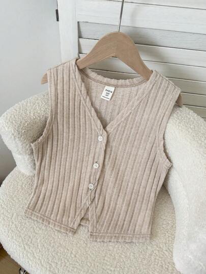 SHEIN 少女休闲纯色卡其色罗纹针织上衣，小女孩无袖上衣，儿童上衣，棕色毛衣，儿童上衣，小女孩开衫