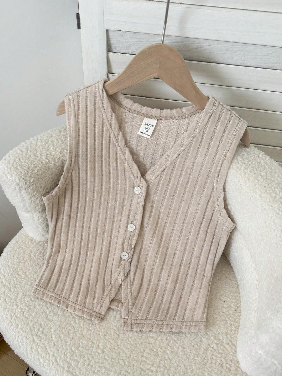 SHEIN 少女休闲纯色卡其色罗纹针织上衣，小女孩无袖上衣，儿童上衣，棕色毛衣，儿童上衣，小女孩开衫 - 杏色 - 查看 1