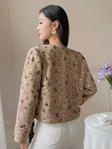 DAZY 女士花卉亮片装饰圆领长袖优雅开衫，适合秋冬季节穿着，可作外套或大衣 - 金色 - 查看 4