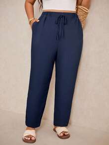 Elaquor Plus Size Casual Solid Color Tapered Pants - Navy Blue - View 7