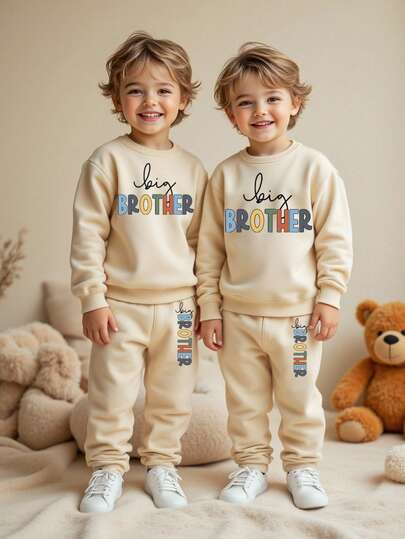 2 Stücke/Set Kleinkind Jungen Lässiger Stylischer Personalisierter Kreativer Einfacher Erfrischender Buchstaben Slogan Grafik Muster Sweatshirt und Jogginghose Outfit, Geeignet für Herbst/Winter