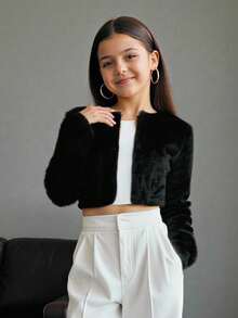 Firerie Kids Firerie Kids Tween Girl Minimalist Faux Fur Black Jacket Fall Winter