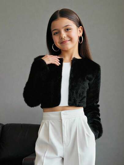 Firerie Kids Firerie Kids Tween Girl Minimalist Faux Fur Black Jacket Fall Winter