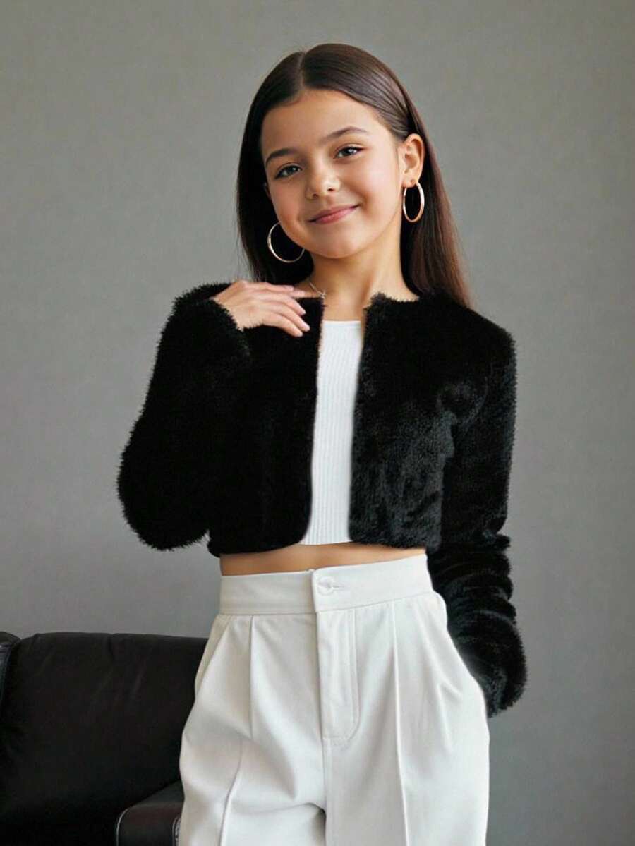 Firerie Kids Firerie Kids Tween Girl Minimalist Faux Fur Black Jacket Fall Winter