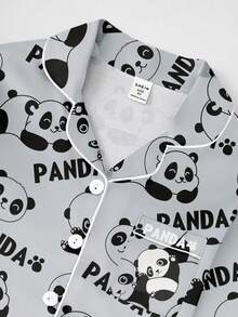 青少年男孩熊猫字母印花撞色滚边长袖开衫和宽松长裤睡衣套装，春秋季 - 淺灰色 - 查看 6