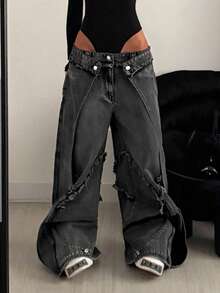 StreetHx Women's Low Waist Frayed Design Wide Leg Loose Casual Jeans - Grey - View 1