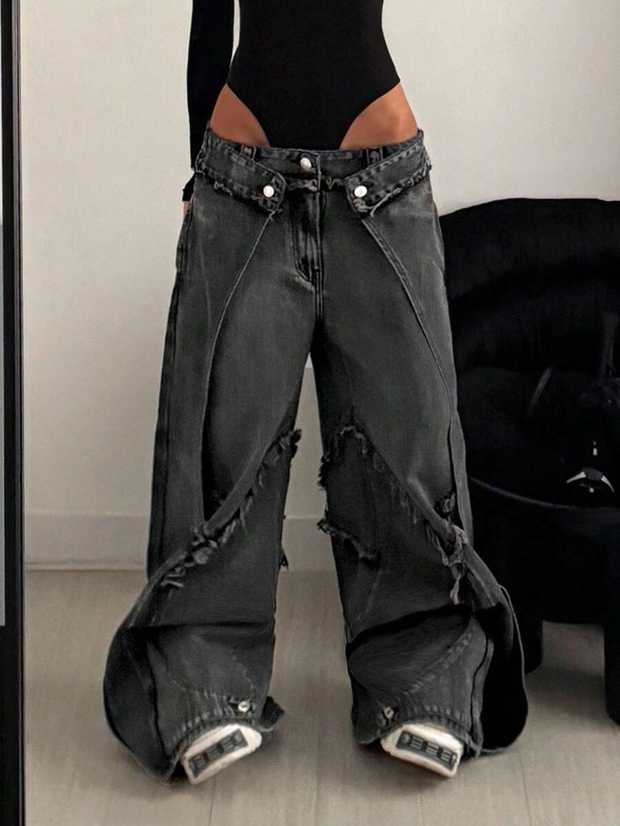 StreetHx Women's Low Waist Frayed Design Wide Leg Loose Casual Jeans - Grey - View 1