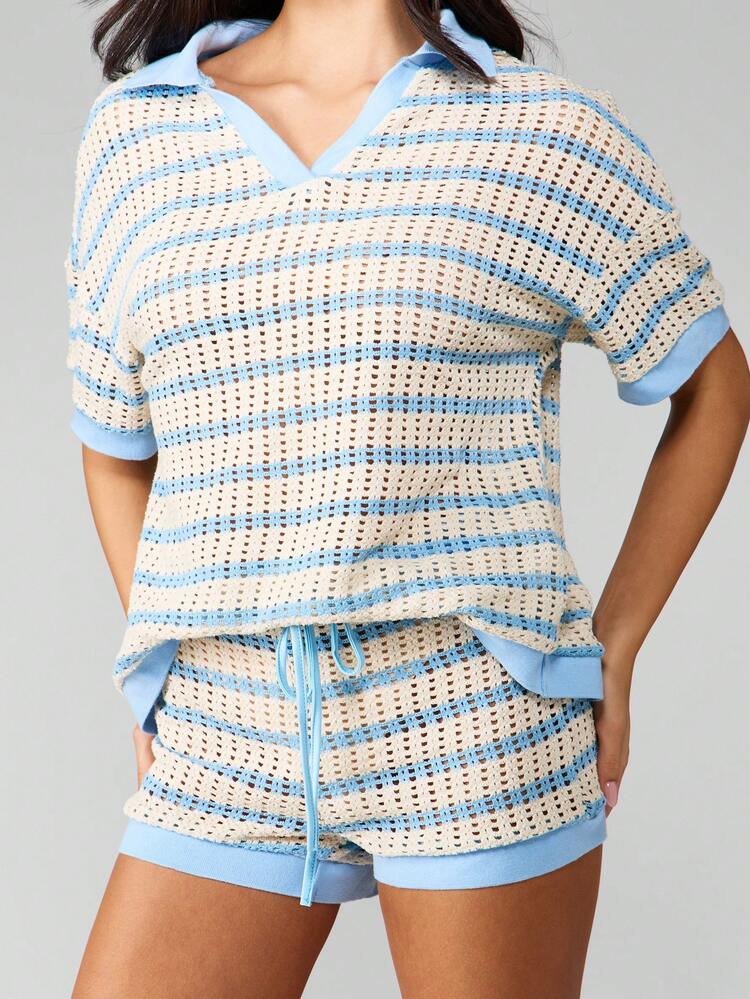 MISSGUIDED Conjunto de polo listrado de malha e shorts com cordão