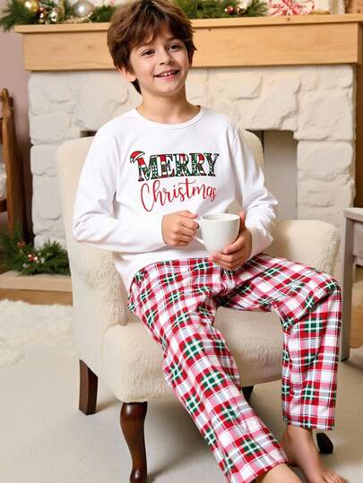 2pcs Boys Merry Christmas Graphic Plaid Print Soft Knit Fabric Comfortable Loose Fit Crew Neck Long Sleeve Pants Pajama Set Christmas Pijamas For Boy