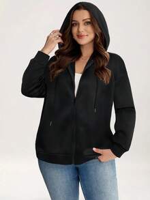 SHEIN LUNE Áo nỉ dài tay rộng rãi, thoải mái cho nữ cỡ lớn - màu đen - Xem 3