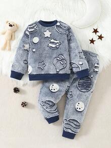 2pcs Young Boy Casual Plush Long Sleeve Top And Pants Homewear Set - Baby Blue - View 7