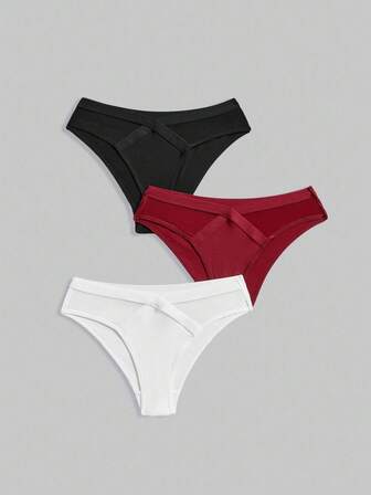 3 pièces/paquet Culottes de bikini avec bordure en maille élégantes pour femmes, port quotidien décontracté