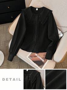 SHEIN 优雅蕾丝边领口长袖黑色衬衫，适合少女毕业季穿着 - 黑色 - 查看 9