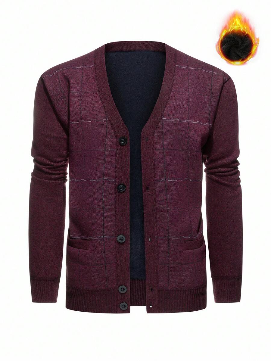 Manfinity Homme 韩版男士V领厚羊毛衫，复古钱币图案，秋冬男士针织纽扣羊绒衫在线男士毛衣开衫男士羊毛衫，垃圾摇滚风格 - 紅色 - 查看 1