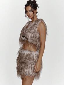 MUSERA Cropped Fluffy Faux Fur Belted Plunge V Front Top Sexy Going Out Night Out Winter Cute Streetwear - Multicolor - View 5