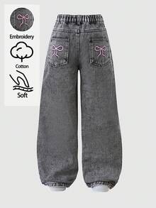 女童 Y2K 直筒牛仔裤，黑色，俏皮蝴蝶刺绣，休闲时尚，百搭，适合上学、聚会、度假、通勤、日常穿着，全新秋季系列 - 黑色 - 查看 1