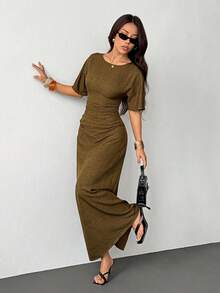 SHEIN PETITE Váy vải lanh pha trộn màu trơn thanh lịch dành cho nữ mùa hè, - xanh quân đội - Xem 4