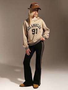 Hanevo 2pcs Set Teen Girls' Letter Print Long Sleeve Hoodie Sweatshirt & Flare Pants Casual Outfit, Spring & Autumn - Khaki - View 6