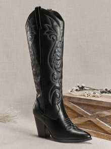 SHUZIA Classic Women's Retro Embroidery Pattern Snip Toe Block Heel Knee High PU Black Cowboy Boots-Sleek Silhouette With Timeless Rodeo Appeal For Christmas - Black - View 3