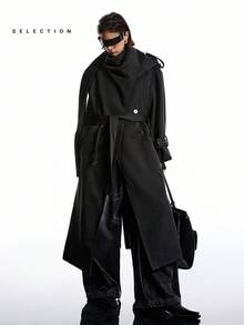 SHEIN EZwear 加大码长袖休闲长款外套，秋冬女士长款外套 - 黑色 - 查看 4