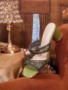 CUCCOO TILAWA Sandalias de tacón grueso cuadrado elegantes y cómodas con recortes y rhinestones para mujer, adecuadas para el uso diario y eventos - Verde Oliva - Ver 6