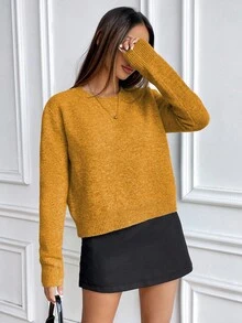 SHEIN Suéter de punto de cuello redondo de manga larga y unicolor de estilo casual - Naranja - Ver 3