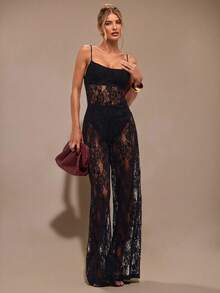SHEIN BAE Bộ đồ liền thân ren trong suốt hở lưng màu đen tinh khiết, đồ lót nữ thanh lịch, trang phục hẹn hò hàng ngày, trang phục đi chơi, trang phục dự tiệc, bộ đồ liền thân ống rộng bất đối xứng, bộ đồ liền thân ngày lễ tình nhân, bộ đồ liền thân thường ngày, bộ đồ liền thân thanh lịch, bộ đồ liền thân hở lưng - màu đen - Xem 4