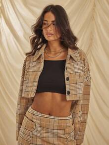 Aralina Winter / Fall Super Cropped Boxy Fit Wool Plaid Jacket Checkered Button Up Balloon Sleeve Stockholm Style And Country Style Jacket - Multicolor - View 3