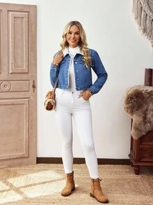 EMERY ROSE 女式纯色保暖内衬前扣牛仔夹克和外套，秋冬 - 藍色 - 查看 4