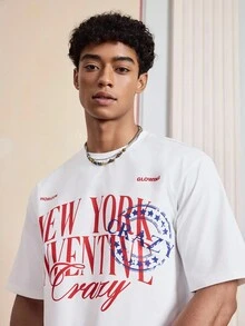 SWAVVY Daily Casual NEW YORK Letter Print Tops Men's Pattern Tops Loose Round Neck Short Sleeve T-Shirts