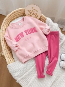 SHEIN Babygirl Casual Graphic Letter Print Sweatshirt Set, Autumn/Winter - Pink - View 8