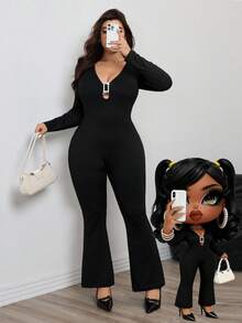 INAWLY 加大码纯色性感深V镂空水钻扣装饰长袖喇叭连体裤 - 黑色 - 查看 1