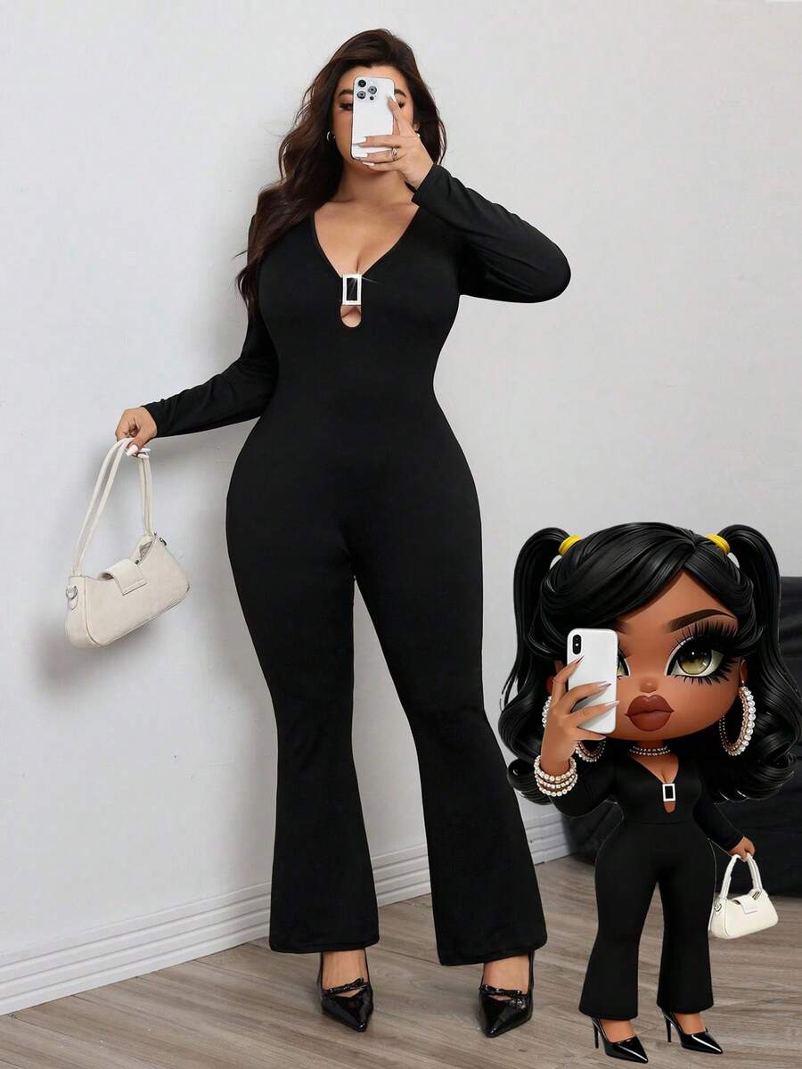 INAWLY 加大码纯色性感深V镂空水钻扣装饰长袖喇叭连体裤 - 黑色 - 查看 1