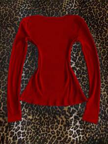 SHEIN 女式圆领修身复古长袖T恤 - 紅色 - 查看 2