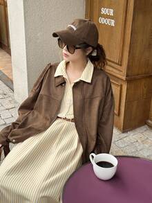 Women's Retro American Street Style Suede Zip-Up Collar Loose Casual Versatile Jacket - Coffee Brown - View 3