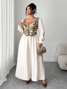 Elenzga 大码女式复古法式拼色长袖二合一连衣裙，适合毕业典礼、节日、情人节、圣诞节、音乐节、母亲节、万圣节、感恩节、复活节、国庆节、舞会、约会、派对、婚礼、户外活动、秋冬季 - 彩色 - 查看 8