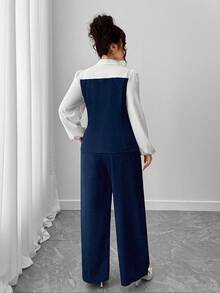 Elenzga Plus Size Fashionable Color Block Long Sleeve Top And Solid Color Pants 2 Pieces Set, Elegant Outfit - Navy Blue - View 3