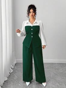 Elenzga Kolekcja Plus Size Kooky Elegance (Woe Is Me Vibes) (Środowa estetyka) Elegancki strój 2-częściowy, czarno-biały patchwork