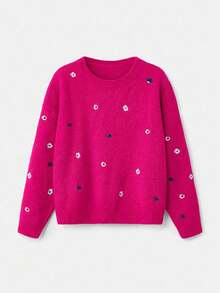 lacRébo Fluffy Relaxed Jumper With Embroidered Flowers Fall Women Clothes Autumn Outfits Fall Women Clothes Spring Summer Going Out Top Office Top - Hot Pink - View 7
