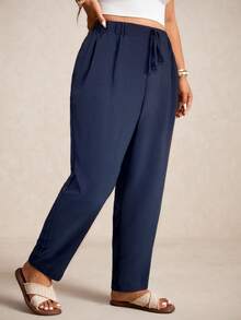 Elaquor Plus Size Casual Solid Color Tapered Pants - Navy Blue - View 5
