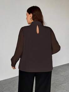 SHEIN Privé Plus Size Elegant Bow Tie Cuff Long Sleeve Brown Blouse, Basic Workwear Top, Suitable For Office Wear, Spring/Autumn Brown Blouse For Women