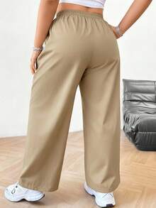 SHEIN PETITE CURVE Quần ống rộng màu đen thường ngày cỡ lớn dành cho nữ - Màu Khaki - Xem 2