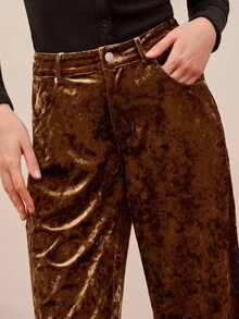 lacRébo Herbst Vintage braune zerknitterte Samt Straight-Leg Hose, Frühling Sommer Büro Business Casual Party Hose, Silvester Party - Braun - Übersicht 5